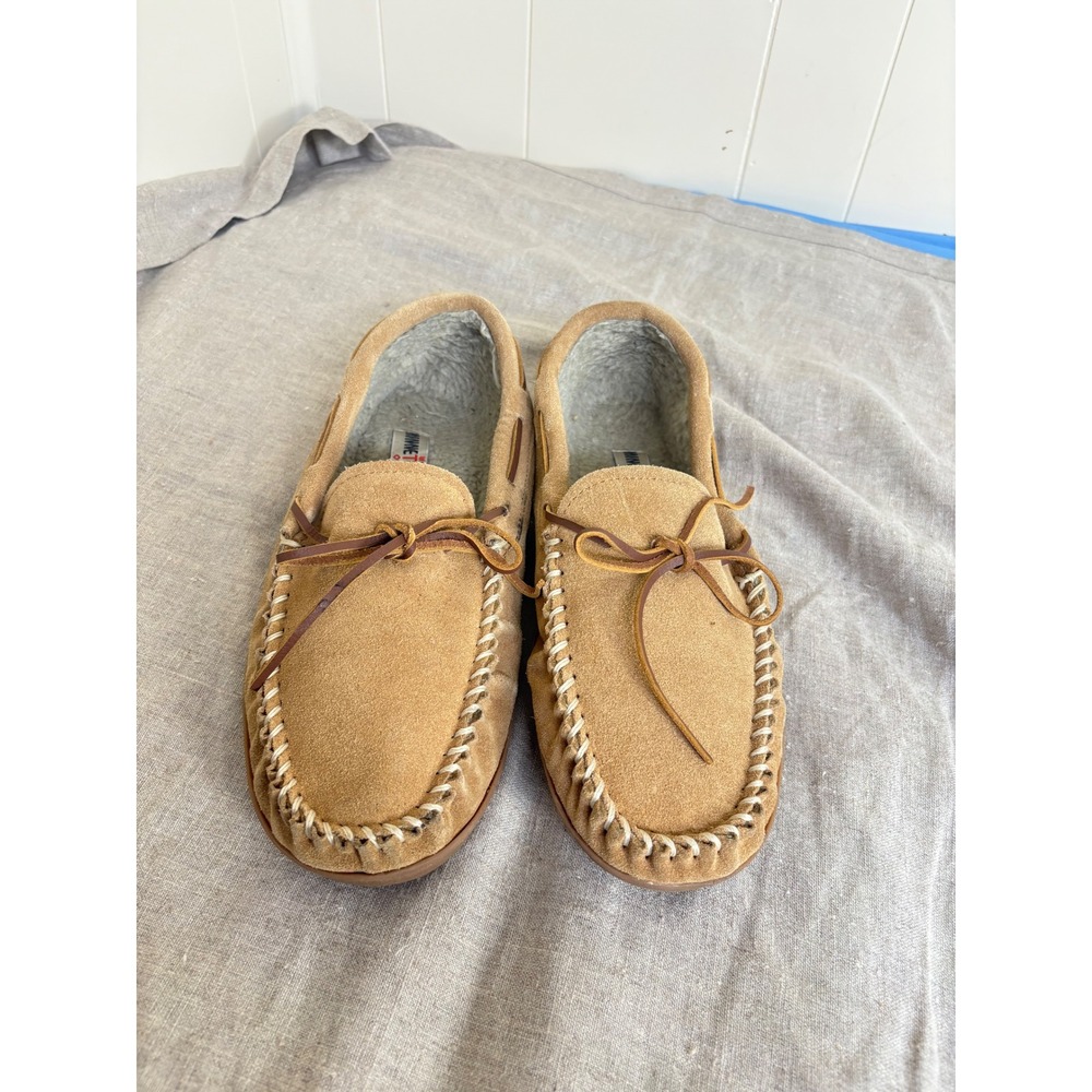 Minnetonka Mens Suede Moccasin Slippers Tan Fleece Lined Size 12 26050208